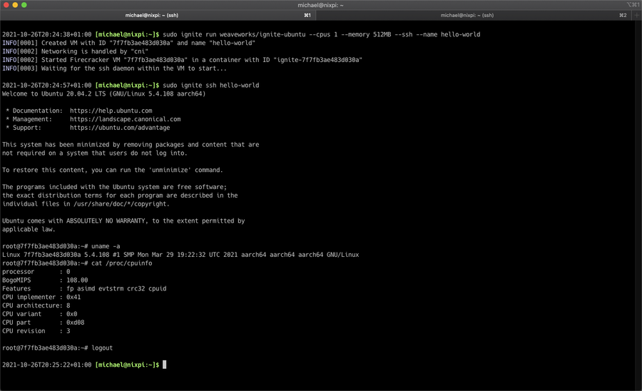 A screenshot of the Ignite terminal session running the ignite run command from earlier